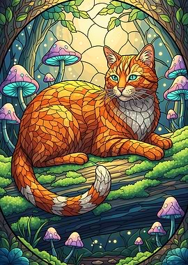 Orange Cat in Enchanted Mushroom Forest