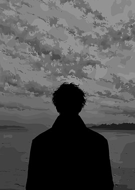 Monochrome Silhouette Contemplating Landscape