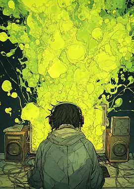 Gamer with Headphones and Green Explosion