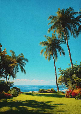 Tropical Paradise with Palm Trees and Ocean