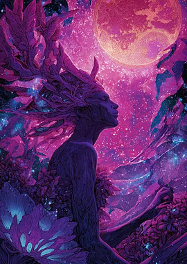 Mystical Forest Spirit Under a Pink Moon