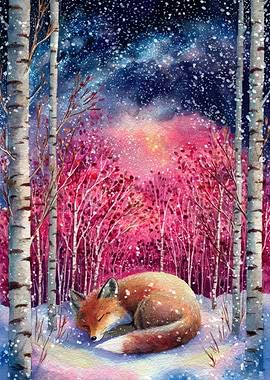 Sleeping Fox in Winter Watercolor Painting