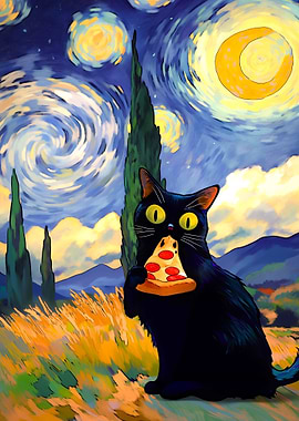 Black Cat Eating Pizza Starry Night