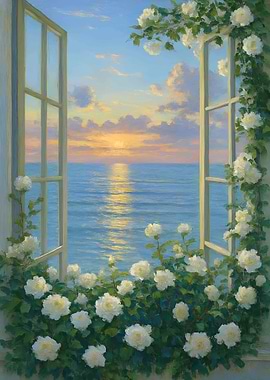Open Window with White Roses