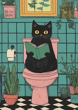Cat Reading on Toilet Illustration