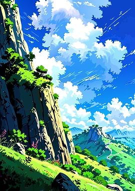 Anime Mountain Landscape with Blue Sky