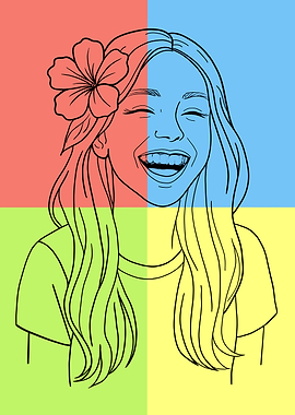 Laughing Girl with Flower Line Art