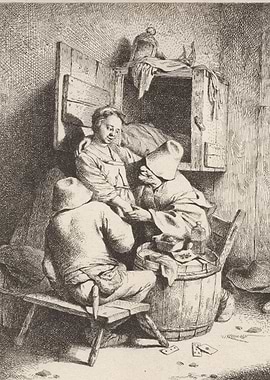 Antique Card Game Scene Illustration