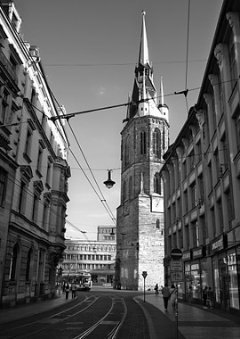 Black and White Cityscape with Tower