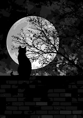 Black Cat Silhouette Under Full Moon