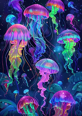 Colorful Jellyfish Deep Sea
