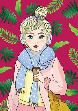 Girl with Coffee and Headphones Illustration