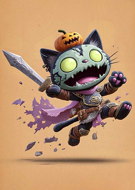 Cartoon Cat Warrior with Pumpkin Hat