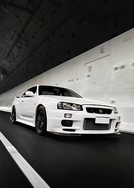 White Nissan Skyline R34 in Tunnel