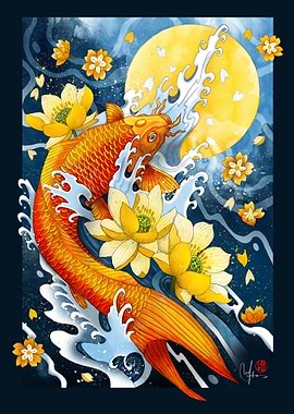 Koi Fish and Lotus Flower Art