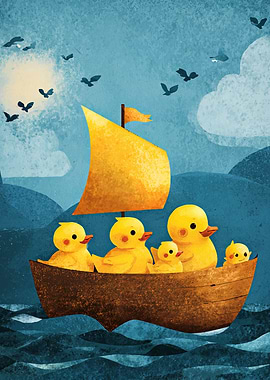 Ducklings sailing on a boat