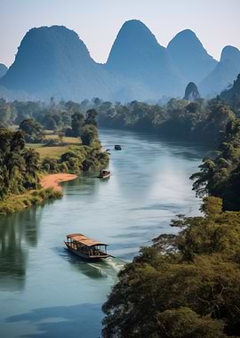 River Landscape with Boats and Mountains