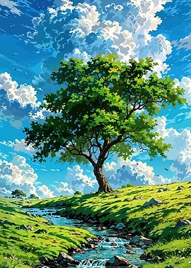 Anime Landscape with Tree and Stream