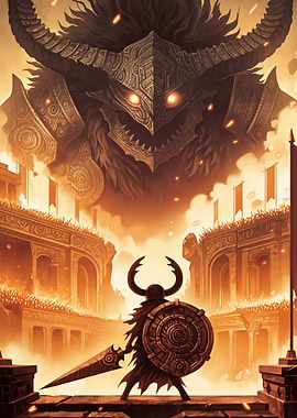 Warrior facing a colossal demon