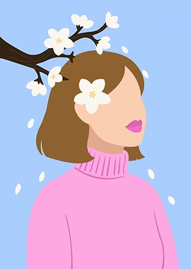 Woman with Cherry Blossoms Illustration
