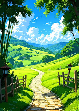 Green Hills and Stone Path Landscape