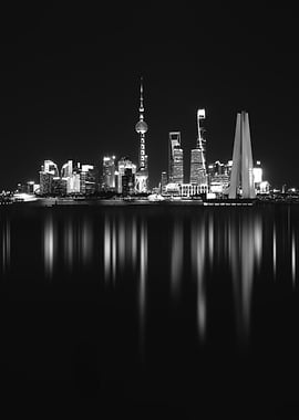 Shanghai Skyline at Night, Black and White