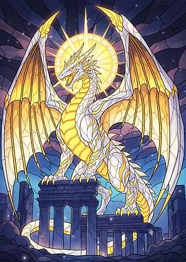 Golden and White Dragon on Ruins