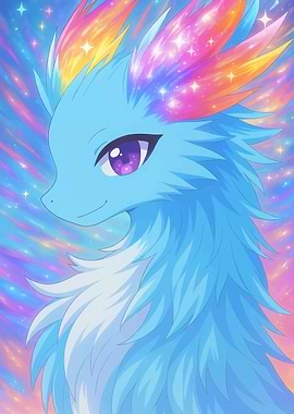 Cute Blue phoenix with Rainbow Mane