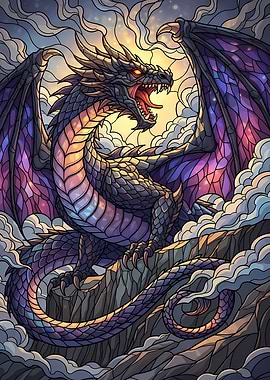 Stained Glass Dragon Roaring on Mountain