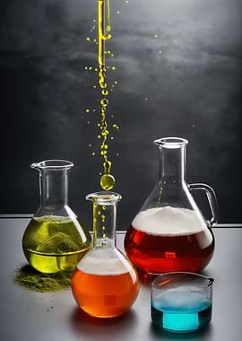 Colorful Chemistry Beakers with Liquid Pouring