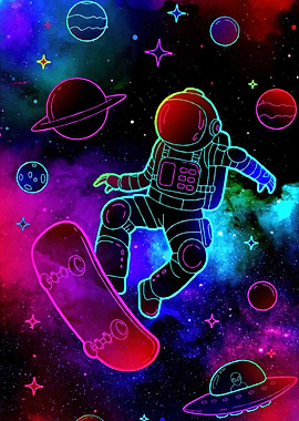 Astronaut Skateboarding Space