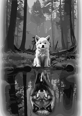 Wolf cub and reflection in water