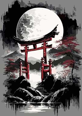 Japanese Torii Gate with Moon