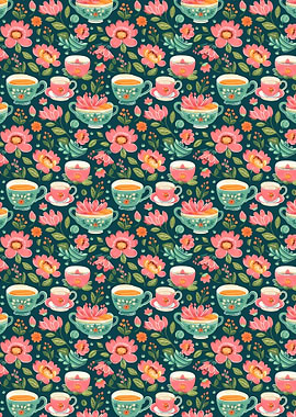 Floral Teacup Pattern on Dark Background