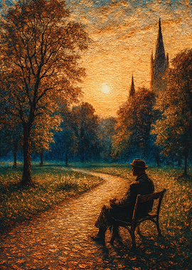 Park Bench Contemplation at Sunset