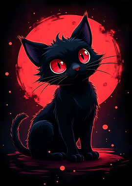 Cartoon Black Cat with Red Moon