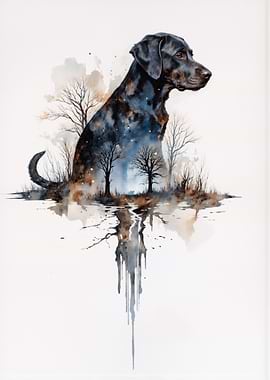 Watercolor Dog Portrait with Winter Trees