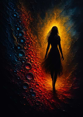 Silhouette Woman in fiery abstract landscape