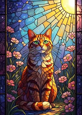 Stained Glass Cat with Flowers