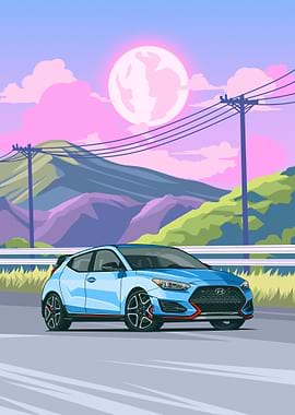 Blue Hyundai Veloster N Cartoon Illustration