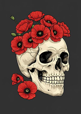 Skull with Red Poppies Illustration