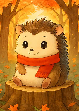 Cute Hedgehog with Scarf in Autumn