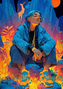 Blue-haired person in a colorful landscape