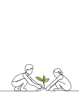 Children Planting Tree Minimalist Line Art