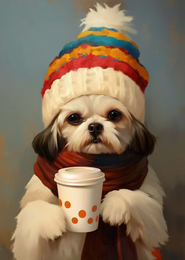 Dog with Hat and Coffee