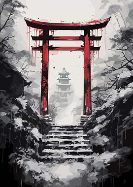 Japanese Torii Gate in Winter Landscape