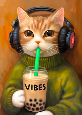 Cat with Headphones and Boba Tea
