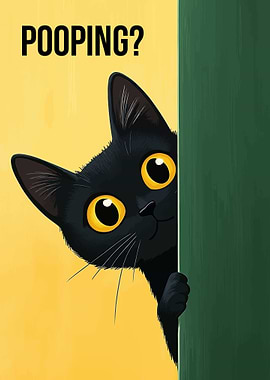 Black Cat Peeking with 'Pooping?' Text