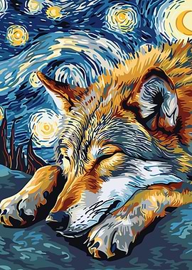 Wolf in Starry Night Style
