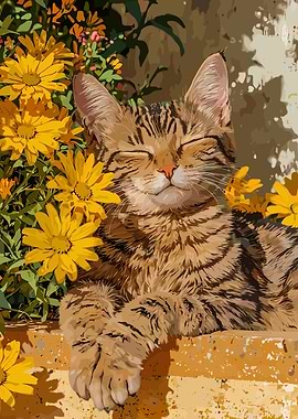 Cat with Yellow Flowers
